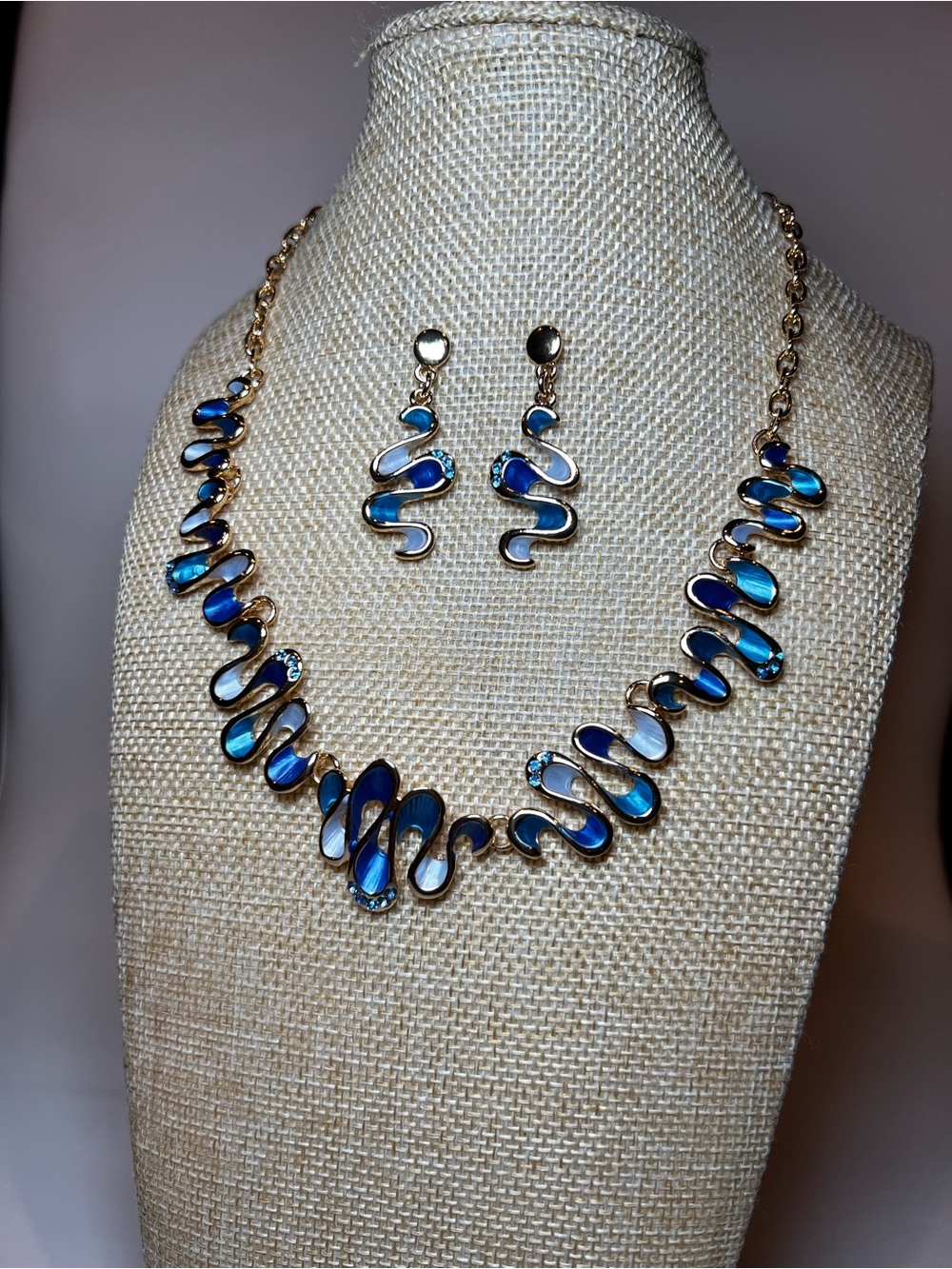 Blue wavey bohemian serpent inspired enamel cubic zirconia necklace earring set